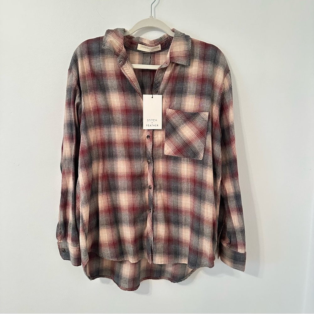 Stitch & Feather Plaid Button-Up Shirt in Cream, Red & Gray NWT